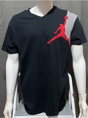 Jordan Men's Black Short Sleeve V-Neck Tee with Red Jumpman and Gray Accent
